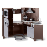 Amazon Basics Cocina de juguete, forma esquinada, de madera, con puertas interactivas, pomos y luces, 99 x 71 x 89 cm, color marrón espresso y gris