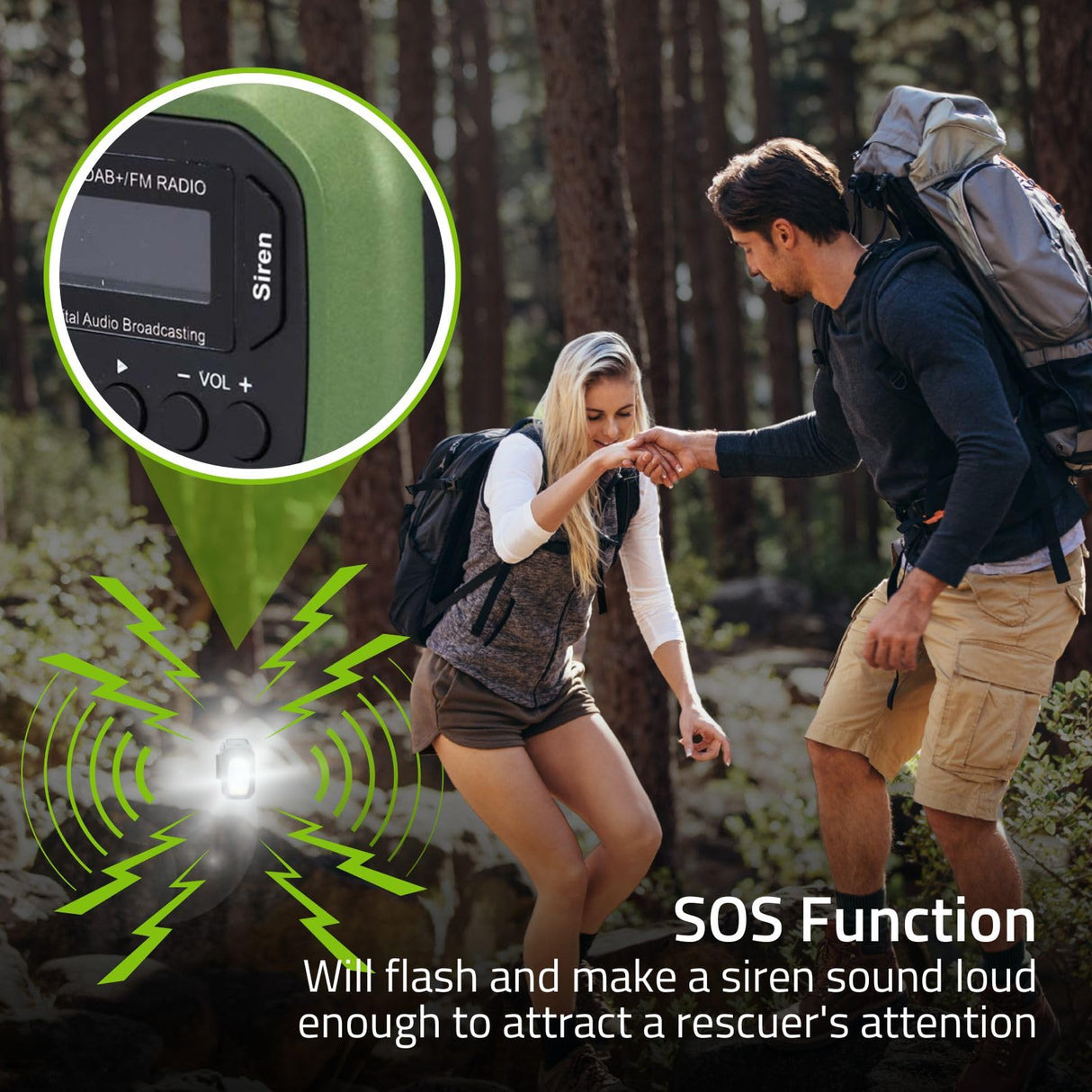 Radio de Emergencia – Versión portátil – Dab+ / FM – Funciona con Pilas/manivela/energía Solar/alimentación Mediante USB – Despertador – Verde/Negro