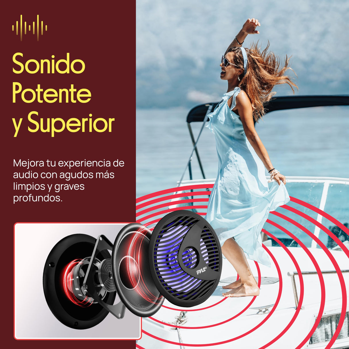 Pyle Altavoces duales, 6.5”, Resistentes al Agua y a la Intemperie, Estereo, Luces LED, 150W, Cono de Polypropylene