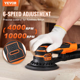 VEVOR Lijadora Orbital Aleatoria sin Escobillas de 350 W, 6 Velocidades, 10 000 PRM, 20 Papeles de Lija, Conector para Polvo y Manguera para Lijado de Detalles de Carpintería, 255 x 150 x 110 mm