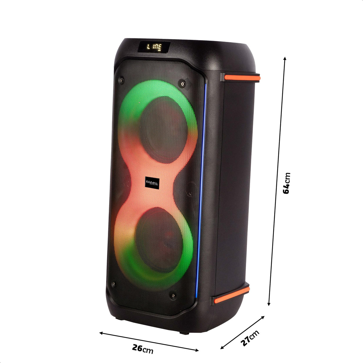 Ibiza - COLUMBA600 - Altavoz, potente bafle 2x6,5"/16cm en batería recargable - Bluetooth, Micro-SD, USB, Aux, 2 MIC IN - TWS - LED multicolor infinito - Asa