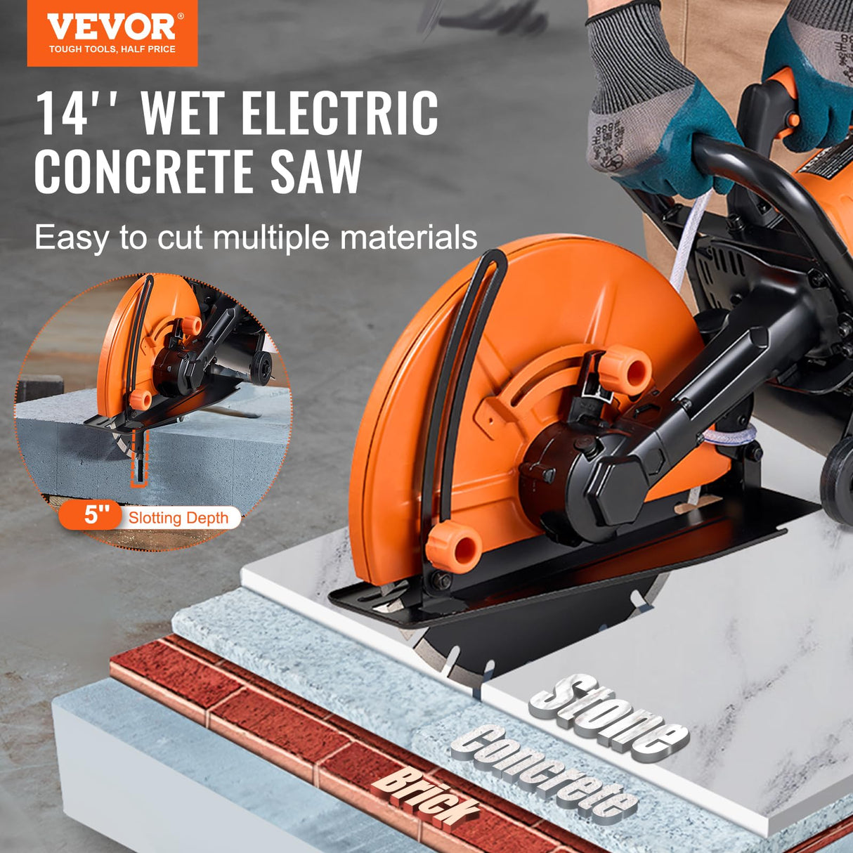 VEVOR Sierra Eléctrica para Hormigón 356mm 2800W Sierra Circular de Alta Potencia Profundidad de Corte de 127 mm Sierra de Disco Húmeda/Seca con Tubería de Agua Bomba de Agua Hoja para Piedra Ladrillo