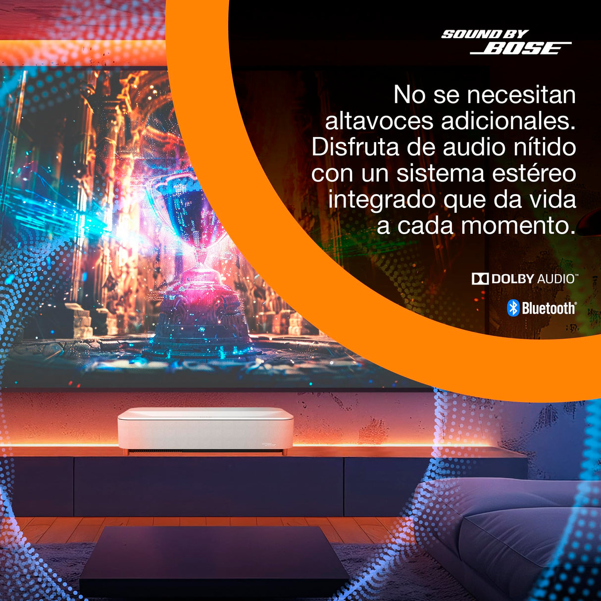 Epson Lifestudio Grand Plus EH‑LS970W | Proyector TV Láser de Ultracorto Alcance | Cine en Casa 4K | 4.000 Lúmenes | Imagen IA | Sonido BOSE | GoogleTV | Pantalla 150Pulgadas | Garantia5 Años | Blanco