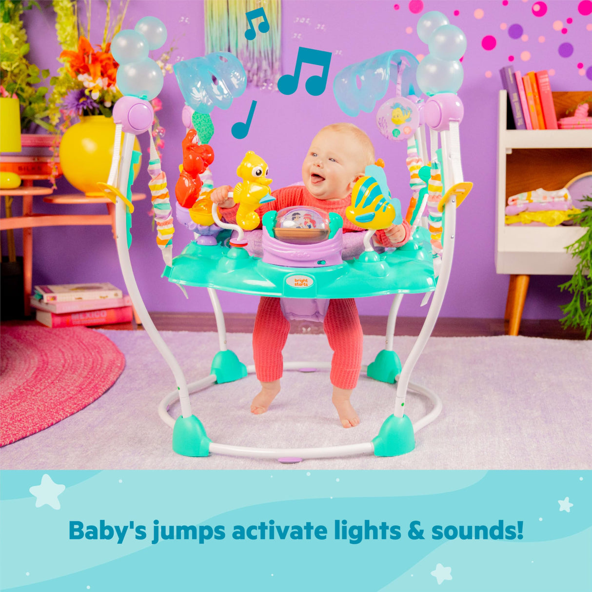 Bright Starts, Sea of Activities: Saltador de Actividades para Bebés de La Sirenita de Disney, con Juguetes Interactivos, Luces y Música, Incluye Princesa Ariel, 6-12 Meses (Azul)