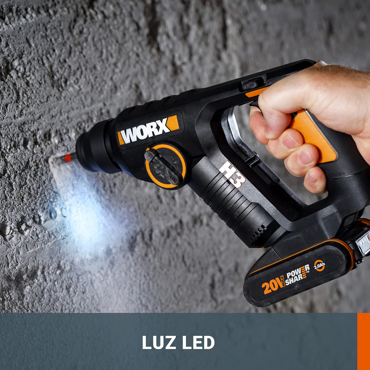 WORX WX394.6 H3 | Martillo sds-plus 20V | Función de taladro | Incluye 2 baterías de 2Ah, cargador y maletín | 3 Funciones | Ligero y compacto | Ideal para taladros en el techo