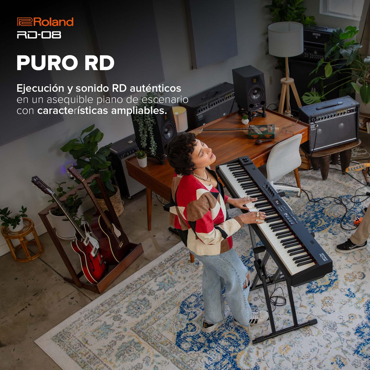 Piano de escenario Roland RD-08 | Sonido y ejecución RD auténticos | Diseño estilizado | Teclado PHA-4 contrapesado de 88 notas | Características ampliables | +3.000 sonidos integrados