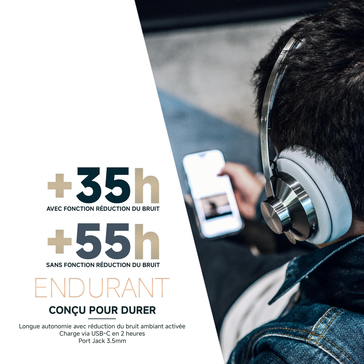 ECHO Head Band - Auriculares de Audio inalámbricos ANC, Color Gris Metal, reducción de Ruido Activa, diseño de Arco, Calidad de Sonido Premium