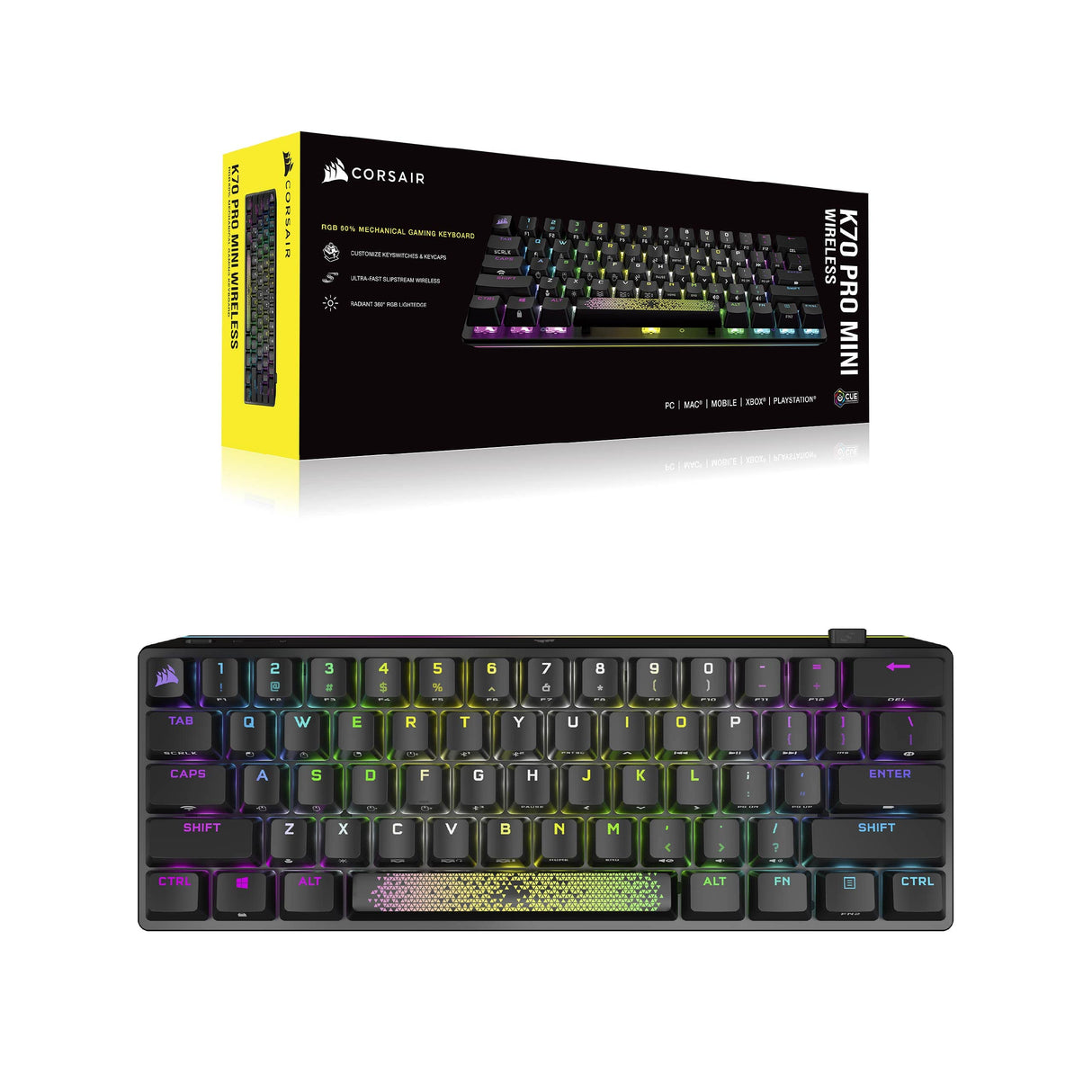 Corsair K70 PRO MINI WIRELESS RGB 60% Teclado Mecánico para Juegos - Interruptores CHERRY MX RED Intercambiables - PBT Double-Shot - Compatible con iCUE - PC, Mac, PS5, PS4, Xbox - QWERTY ES - Negro
