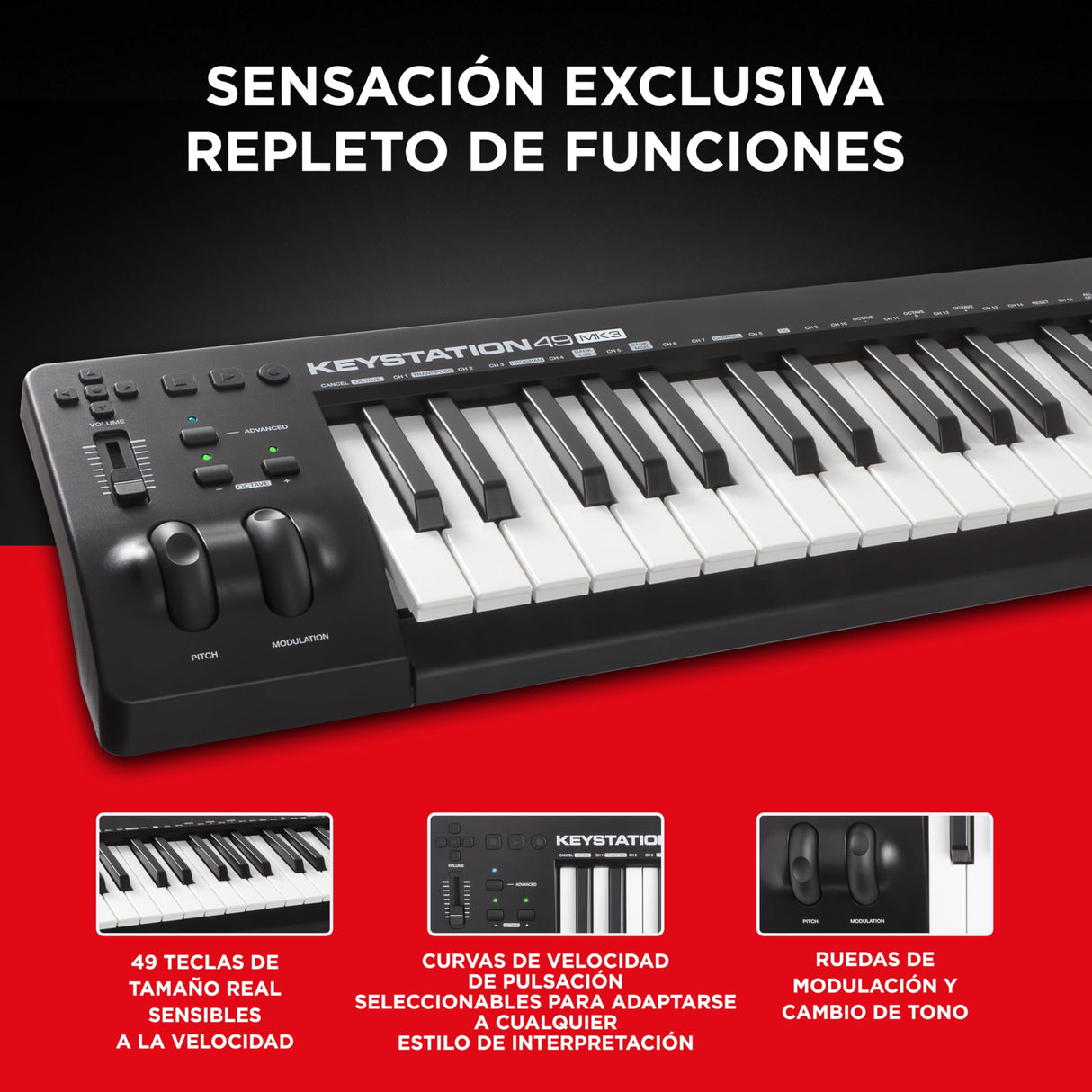 M-Audio Keystation 49 MK3 - Teclado Controlador MIDI USB Compacto de 49 teclas con controles asignables, ruedas de cambio de tono/modulación, conectividad Plug-and-Play (Mac/PC) y software incluida