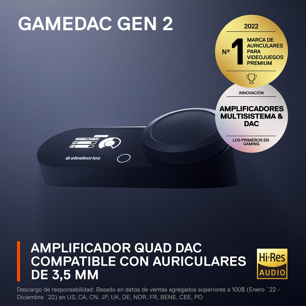 SteelSeries GameDAC Gen 2 Amplificador de Audio de Alta resolución - ESS Sabre Quad-DAC - Cancelación de Ruido por IA - Audio Espacial 360° - Certificado de Alta resolución - PC, PS5, PS4