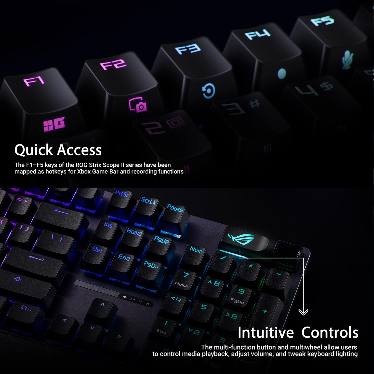ASUS ROG Strix Scope II - Teclado gaming de tamaño completo, espuma amortiguadora, interruptores ROG NX Snow prelubricados, teclas ABS con revestimiento UV, controles multifunción, acceso rápido, RGB