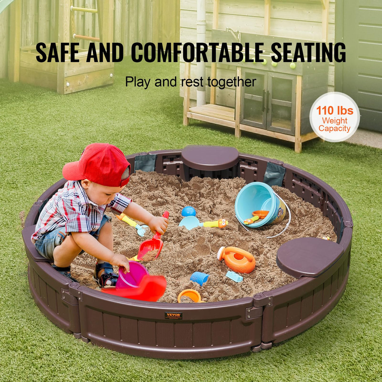 VEVOR Caja de Arena con Tapa Areno de HDPE Redondo de 120 x 23 cm con 3 Asientos en Las Esquinas y Revestimiento Inferior para Niños de 3 a 12 Años para Patio al Aire Libre, Playa, Parque, Marrón