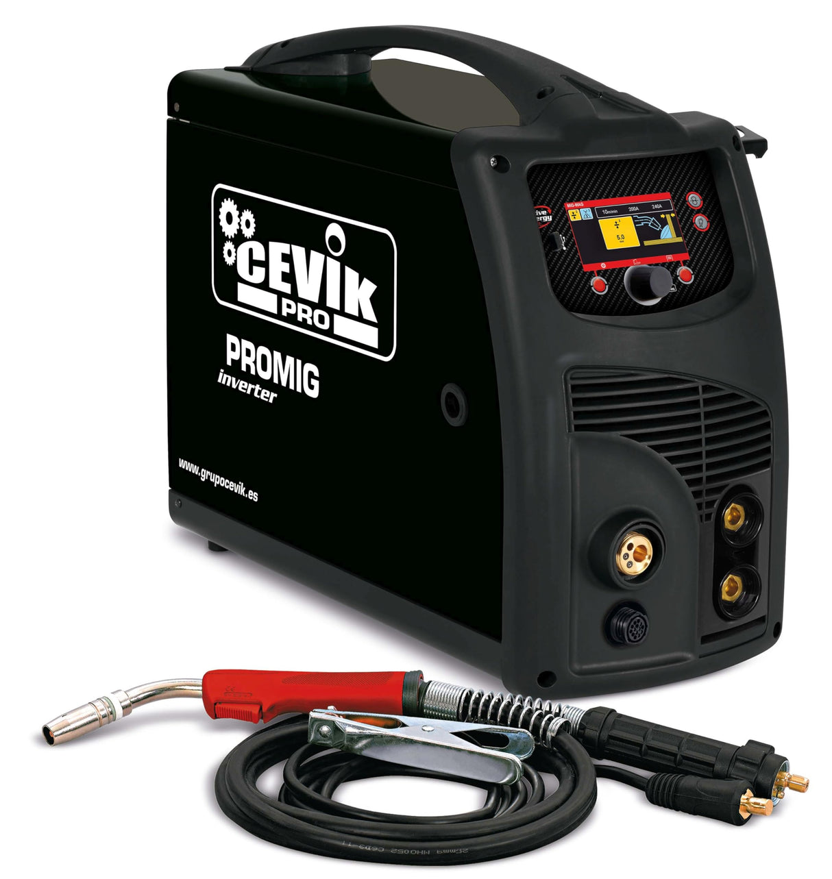CEVIK PRO CE-PROMIG250PUL - Soldador Inverter MIG/TIG/MMA - 250A 20% - 230V - Hilo 1mm - Electrodos 4mm - Display Digital - Incluye Antorcha MIG AX15, portaelectrodo 35-50, pinza masa 35-50, 2 sirgas