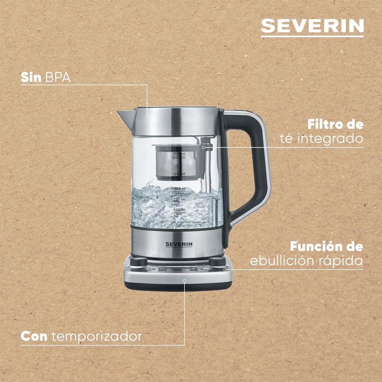 SEVERIN - Hervidor de té y agua de cristal con elevación automática, 1.7 L, 3000 W, Elemento calefactor oculto por placa de acero inoxidable, acero inoxidable y cristal, WK 3422