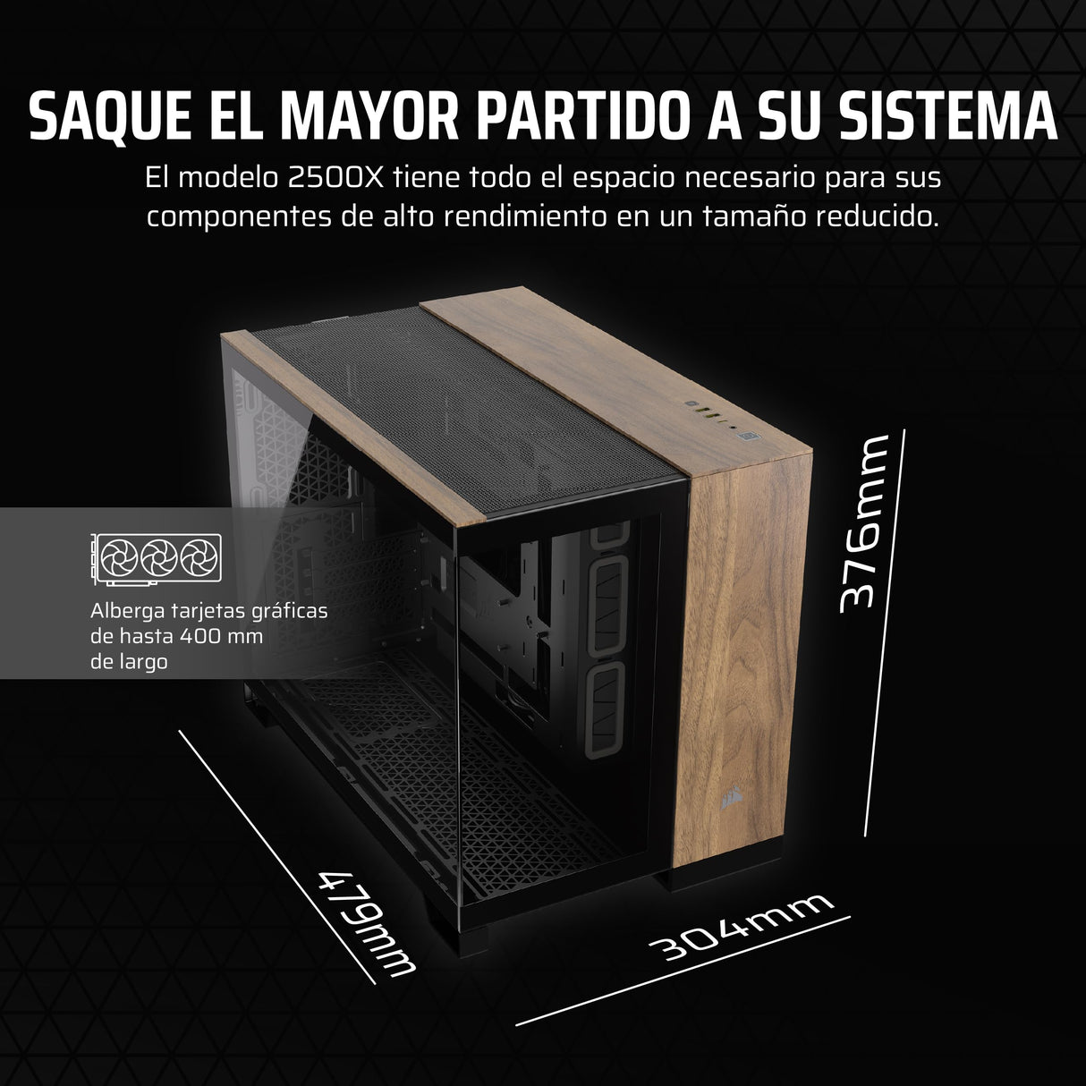 CORSAIR 2500X Pequeña-Torre mATX Caja de PC de Doble Cámara - Cristal Templado Panorámico - Conexión Inversa Compatible con Placa Base - Sin Ventiladores Incluidos - Negro/Madera de Nogal