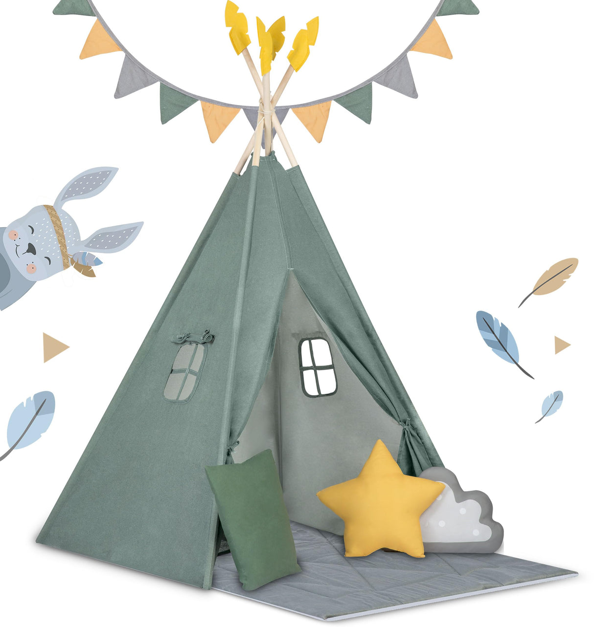 Nukido, Tienda Infantil Tipi Teepee Verde con Guirnalda, Almohadas, estabilizador Grande