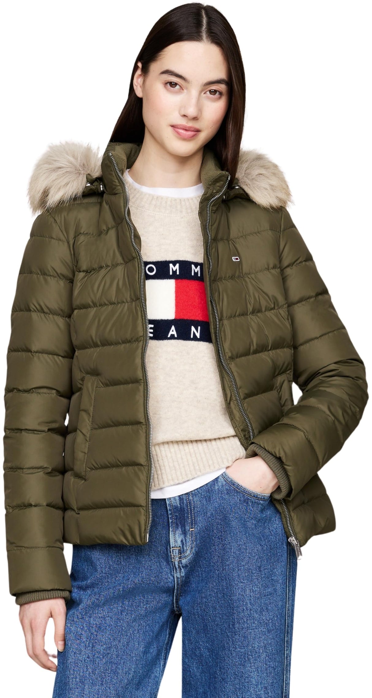 Tommy Jeans Cazadora Acolchada Mujer Basic Hooded Down Jacket con Capucha, Verde (Fatigue Green), XS