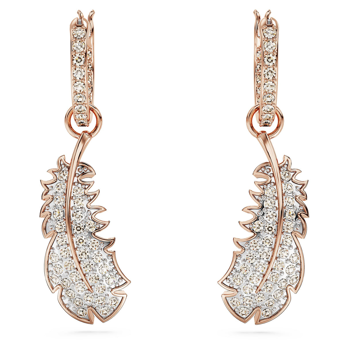 Swarovski Pendientes Nice, Motivo de Pluma, Cristales Blancos, Baño tono oro rosa