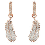 Swarovski Pendientes Nice, Motivo de Pluma, Cristales Blancos, Baño tono oro rosa