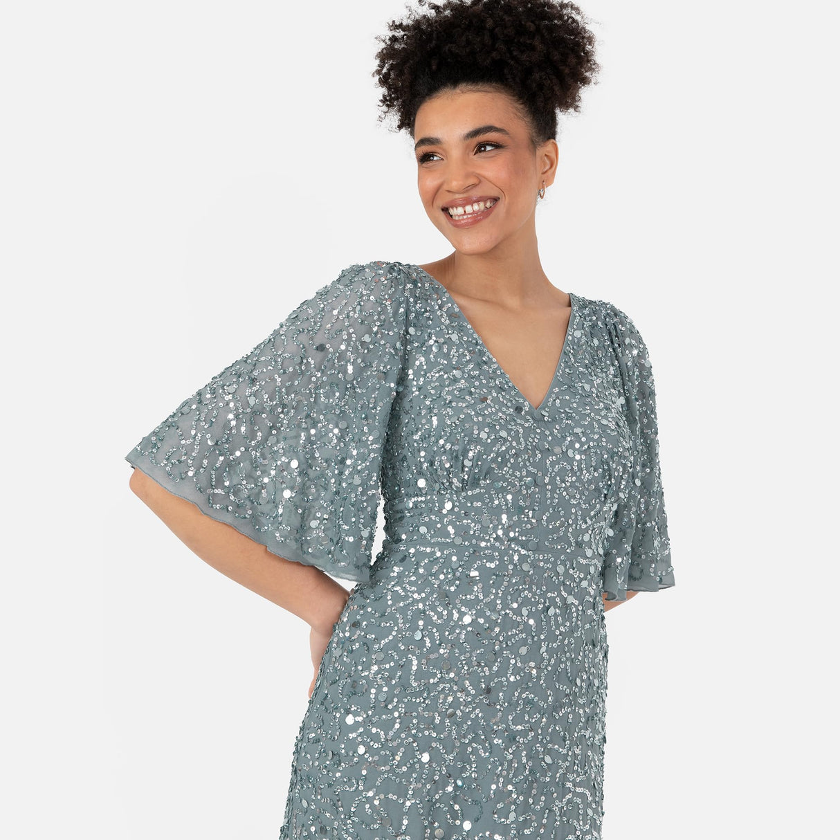 Maya Deluxe Women's Ladies Maxi Dress V-Neck Short Angel Sleeve Sequin Embellished A-Line Bridesmaid Wedding Guest Prom Ball Gown Vestido, Misty Green, 36 De Las Mujeres