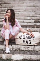 CHILDHOME, Mommy Bag, bolso cambiador, maternidad, bolso de viaje, gran capacidad, cambiador, correa ajustable para el hombro, compartimentado, bolsillo termico, pasaje para la maleta, Crudo y negro