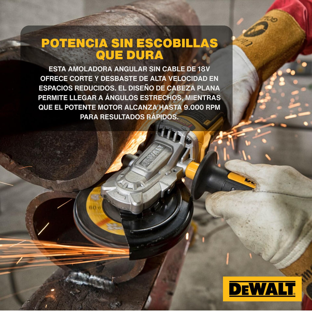 DEWALT Amoladora Angular 18V XR Sin Escobillas 125mm Cabezal Plano, Inalámbrica para Espacios Reducidos, Corte de Metal, Mayor Seguridad y Protección contra Polvo, Solo Cuerpo – DCG405FN-XJ