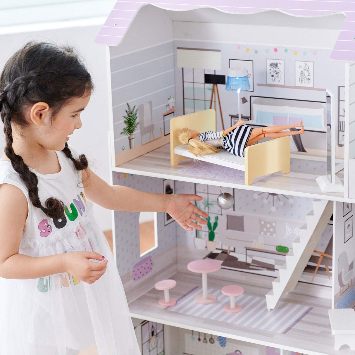 Olivia's Little World Grande Casa de Muñecas de Madera con 3 Niveles con Jardín para Niños y 16 Accesorios y Muebles para Muñecas de 30 cm