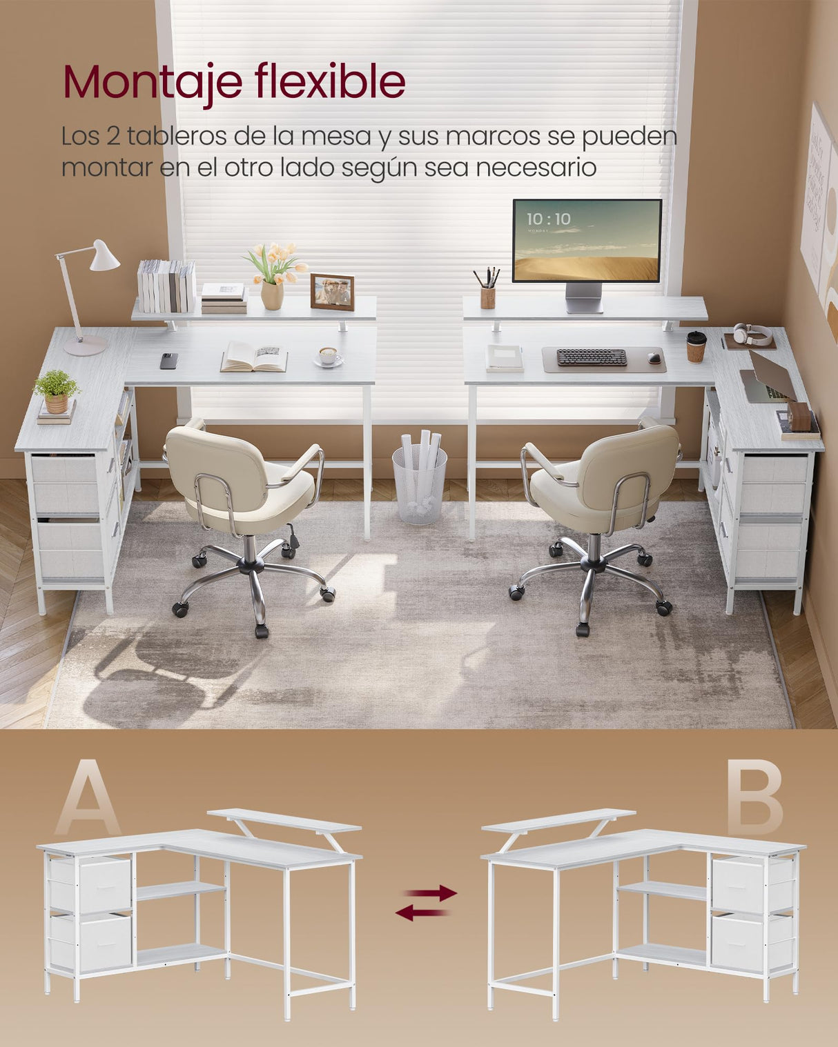 VASAGLE Escritorio en Forma de L, Esquinero, con 2 Amplios Cajones, Mesa con Soporte para Monitor, para Esquina, con Estante Ajustable, para Oficina Casa, Blanco Arce LWD098W01