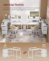 VASAGLE Escritorio en Forma de L, Esquinero, con 2 Amplios Cajones, Mesa con Soporte para Monitor, para Esquina, con Estante Ajustable, para Oficina Casa, Blanco Arce LWD098W01