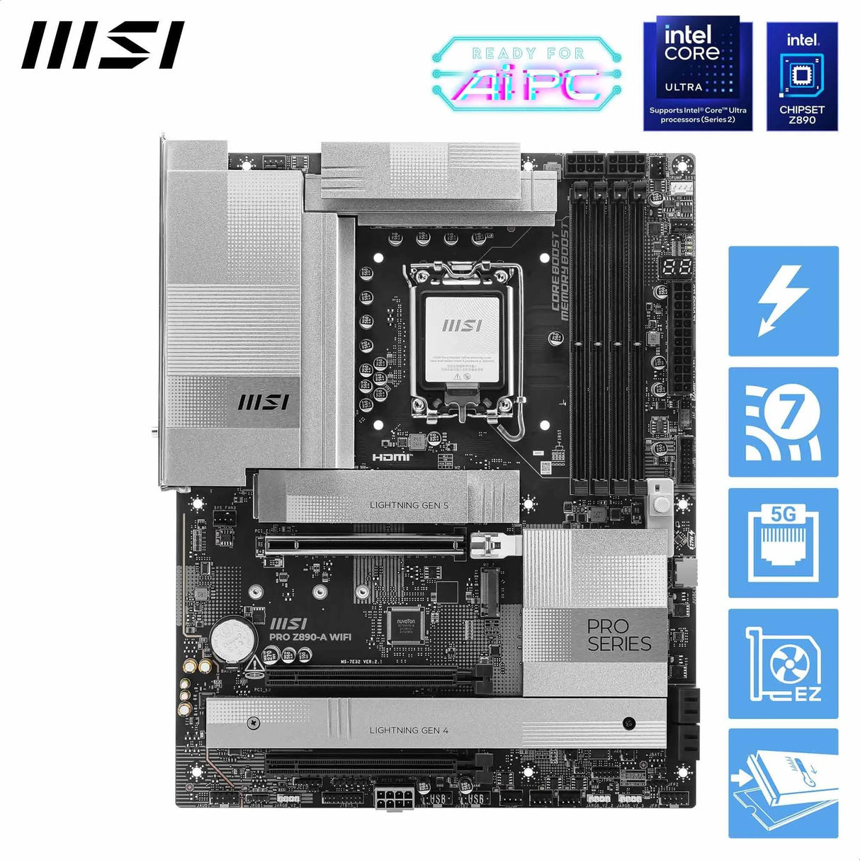 MSI PRO Z890-A WIFI Placa base, ATX - Soporta procesadores Intel Core Ultra (Serie 2), LGA 1851 - 90A SPS VRM, DDR5 Memory Boost (9200+ MT/s OC), PCIe 5.0 x16 & 4.0 x16, M.2 Gen5, Wi-Fi 7, 5G LAN