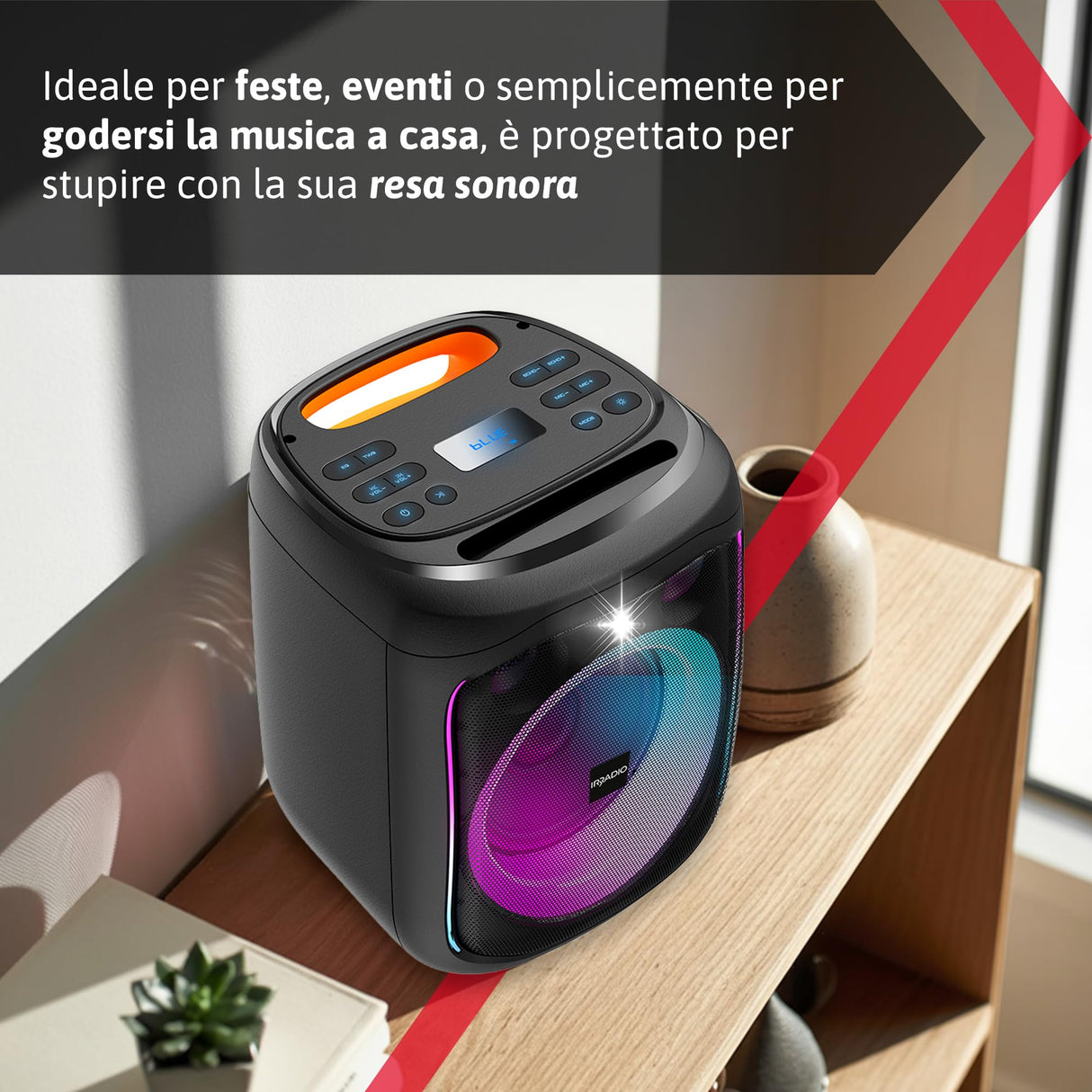 IRRADIO Altavoz portátil IR-PS40 POWER1, 40 W RMS, Woofer Bass Reflex de 15 cm, Luces LED RGB, micrófonos para Karaoke, True Wireless Stereo, DSP, batería de Larga duración, diseño Compacto.