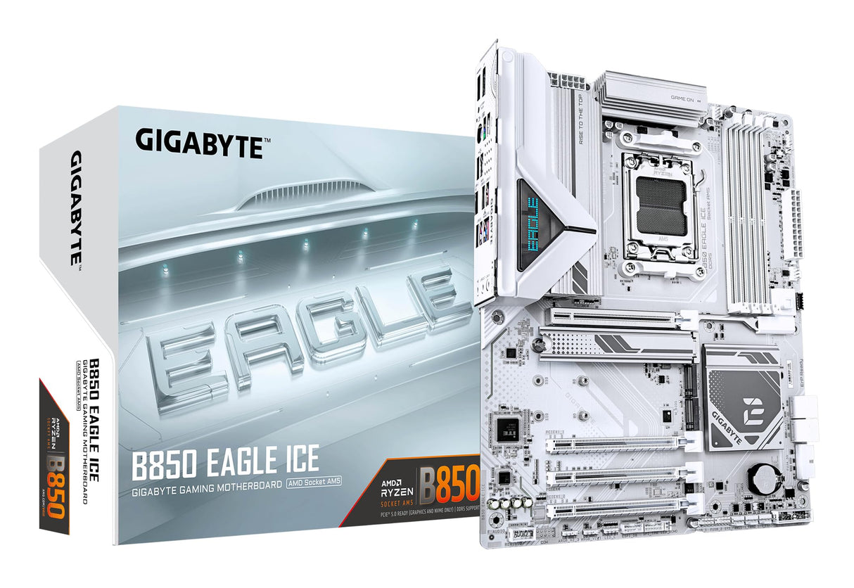 GIGABYTE B850 Eagle Ice Placa Base – Procesadores AMD Ryzen Serie 9000, VRM Digital de 8+2+2 Fases, hasta 8200 MHz DDR5 (O.C), 1 x M.2 PCIe 5.0 + 2 x M.2 PCIe 4.0, LAN 2.5 GbE, USB 3.2 Gen 2