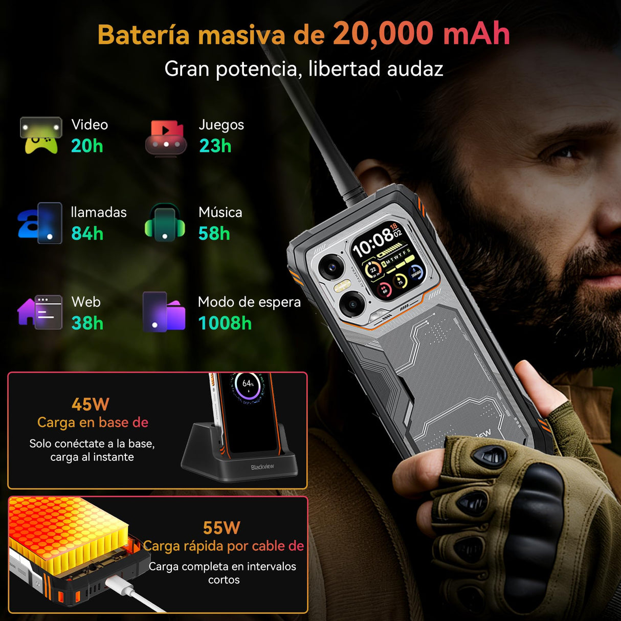 Blackview XPLORE 1 WT Movil Irrompible 5G, 20000mAh Movil Indestructible, 48GB+512GB, 6,78" FHD+ & 2,01" 120Hz Android 15 IP69K, 64MP+50MP+20MP, NFC/OTG/GPS/AI