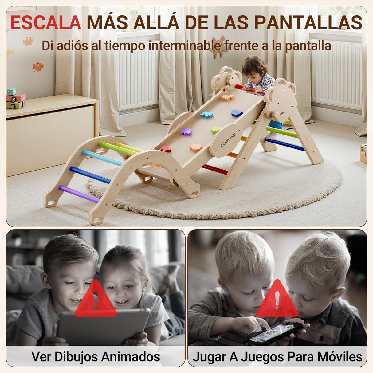 COSYLAND 8 en 1 Triángulo de Escalada Montessori con Arco y Rampa, Set Plegable Infantil, Juguete de Madera Resistente para Interior, Niños 18 Meses-6 años, Colores Arcoíris, Mediano