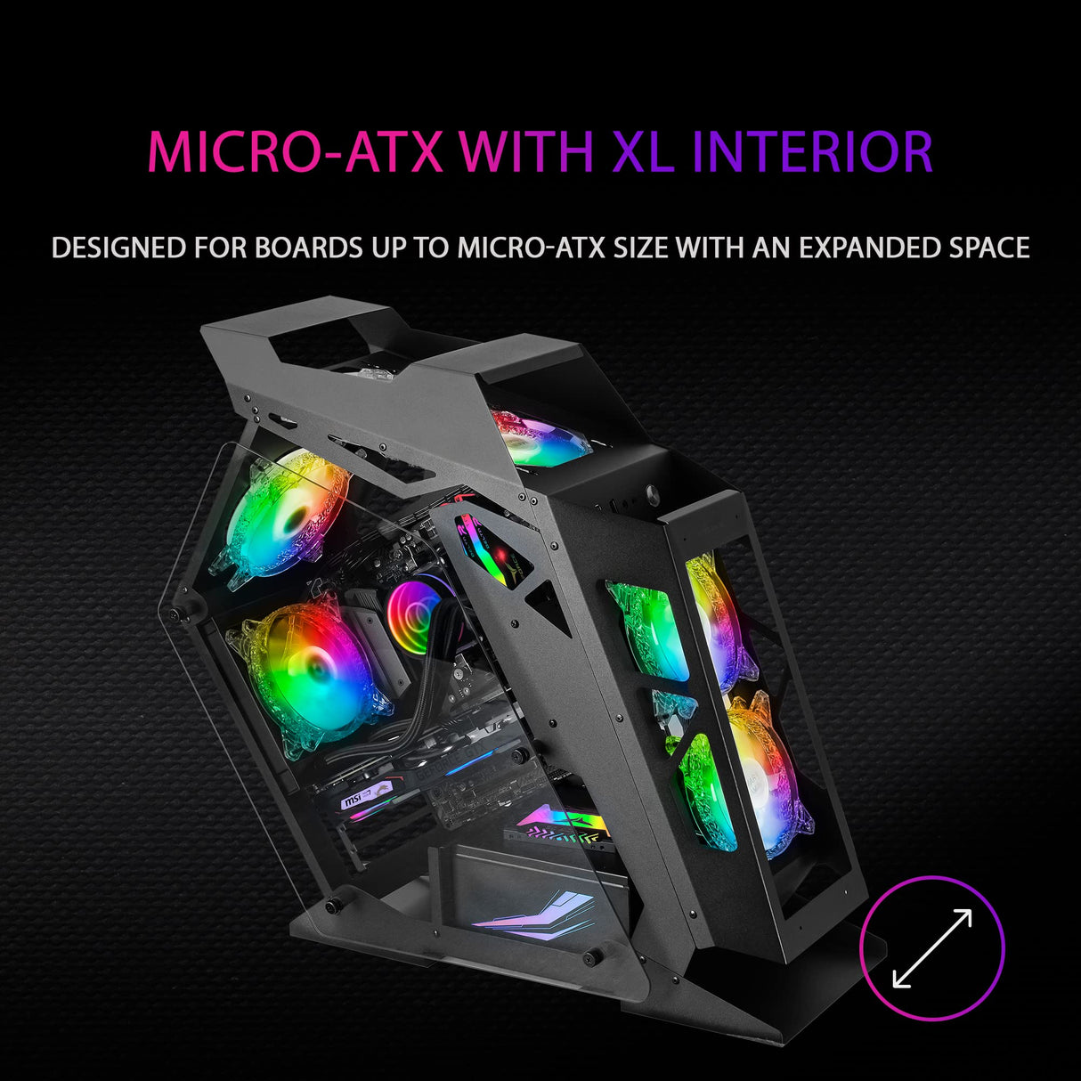 Mars Gaming MC61, Caja PC Gaming Compacta Micro-ATX, 4 Ventiladores 12cm, ARGB Chroma, Doble Ventana Cristal Templado, Negro