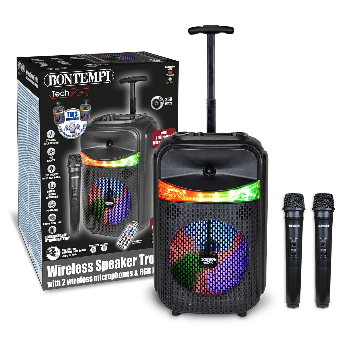 Bontempi | Altavoz Acústico Trolley Inalámbrico con 2 Micrófonos Inalámbricos, Luces RGB, Mando a Distancia, Pantalla, Función TWS, 39.5x22.5x19 cm