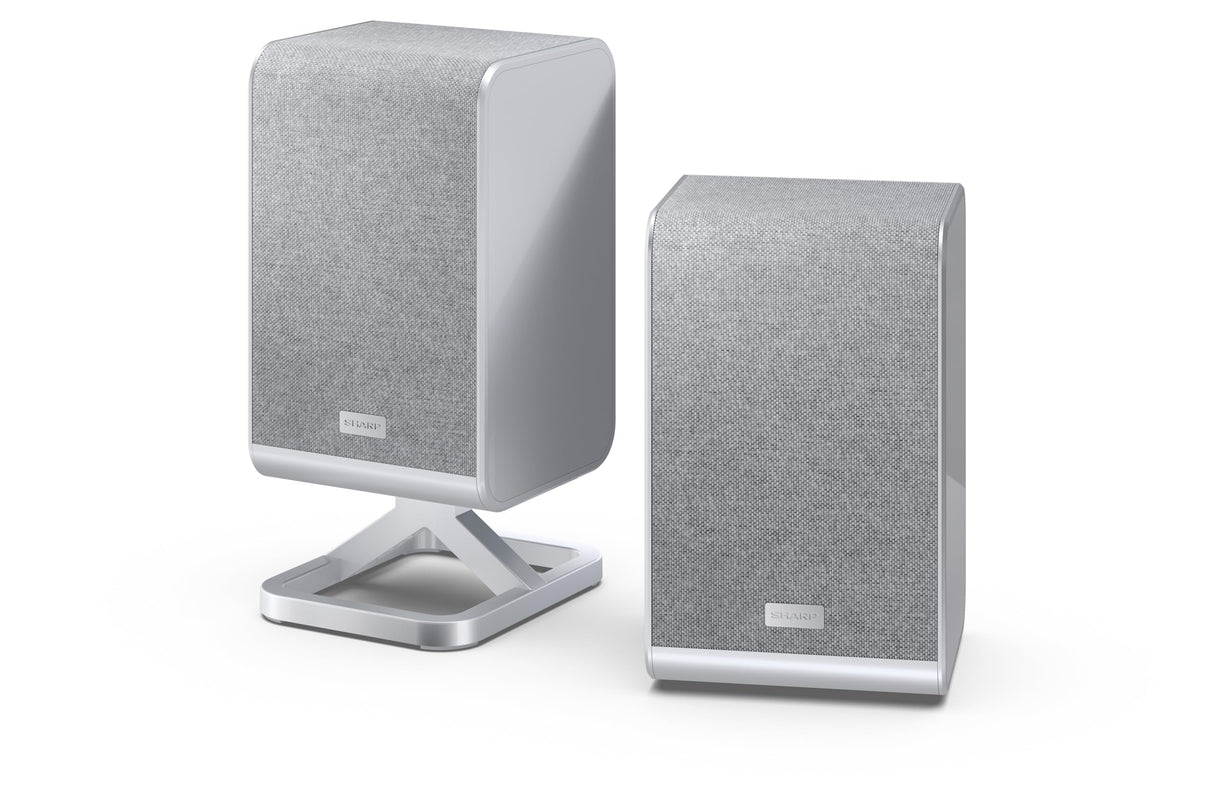 Sharp HT-SPR52021SL Pareja de Altavoces Traseros inalámbricos 1.0.1 para conectar a tu Barra de Sonido Q para Experiencia Mejorada, Sonido Envolvente, Dolby Atmos y DTS:X, P. Maxima 200W, Gris