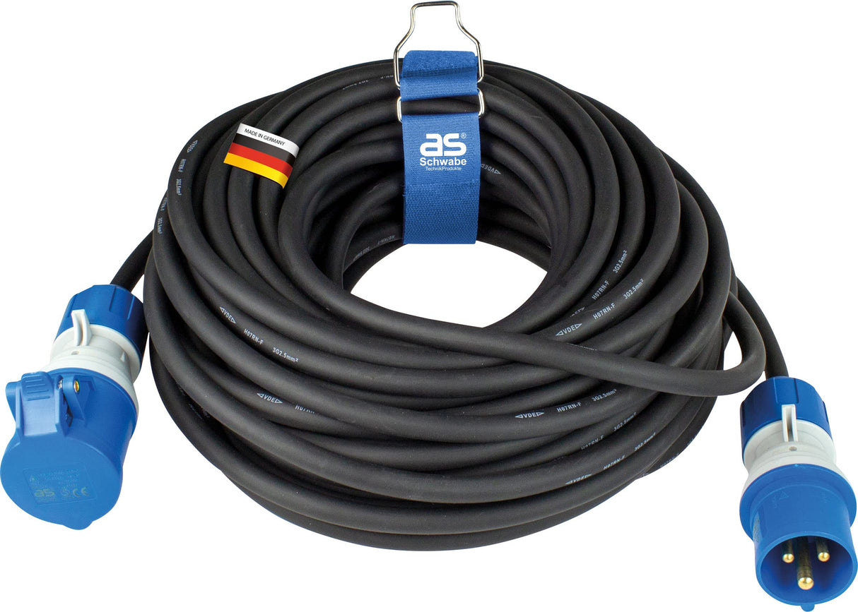 as - Schwabe - Cable alargador para exteriores CEE de 25 m con nuevo indicador de tensión powerlight, enchufe y toma de corriente CEE, 3 polos, 230 V /16 A, protección contra agua - IP44, negro