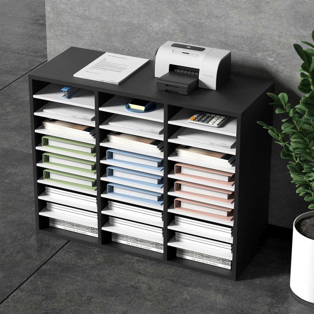 VEVOR Organizador de Literatura de Madera de 27 Ranuras de 800x305x630 mm, Estantes Ajustables de Tablero de Fibra de Densidad Media, Almacenamiento para Archivos, Documentos, Papeles, Negro y Blanco