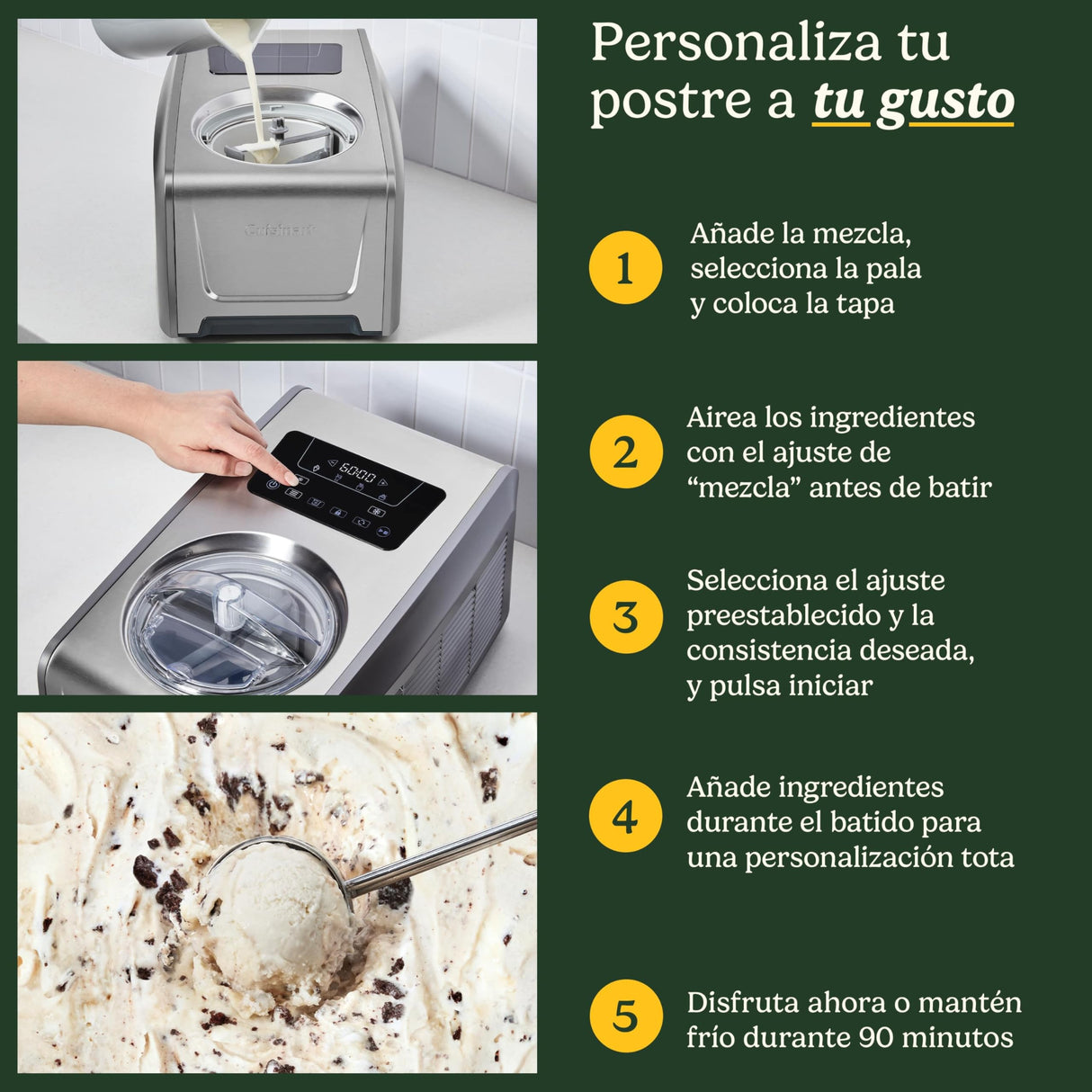 Cuisinart FreezeEase Pro – Heladera con compresor, 4 ajustes, 14 funciones, lista en 40 min, 1,5L, 2 palas, sin precongelación, mezcla, frío 90 min