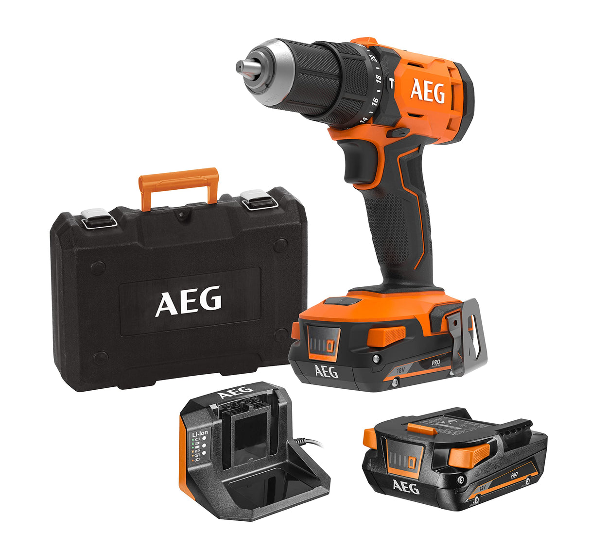 AEG BSB-18-G4 - Taladro de percusión (18 V, 2 pilas de 2,0 Ah, hasta 60 Nm de par y 30 400 c/min, con 24 ajustes de embrague, mandril de 13 mm, 2 velocidades: 0-500/0-1900 g/min