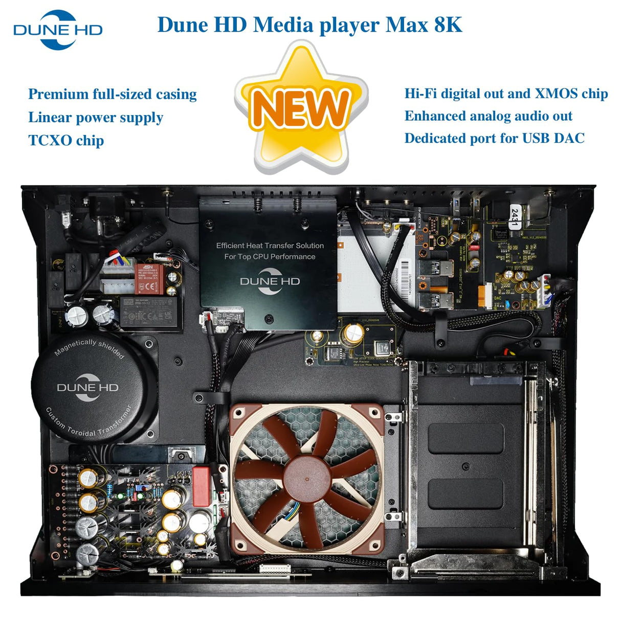 Dune HD MAX 8K, Full-Sized Reproductor Multimedia, Android TV Box, D Vision, Atmo, HDD Rack, Linear PSU, TCXO, Hi-Fi I2S-E Output, Hi-Fi S/PDIF Output, 8Gb/64Gb