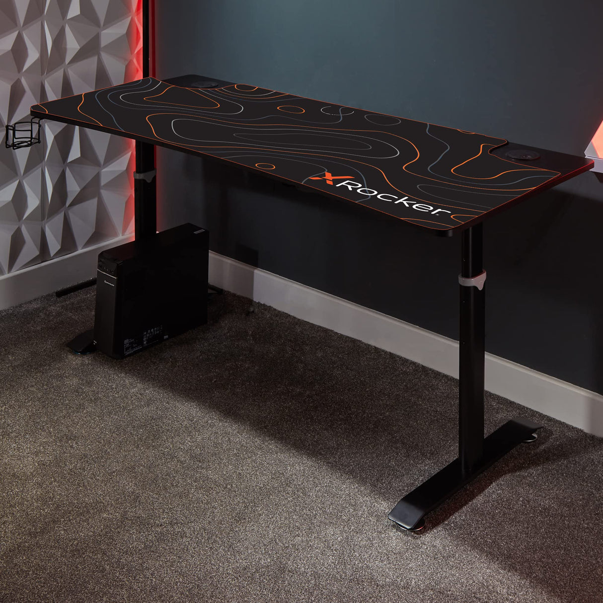 X Rocker Cougar XL Escritorio y estación de Trabajo para Juegos de Altura Ajustable, Mesa de computadora de Metal Resistente con Alfombrilla de ratón Grande, portavasos y Bandeja para Cables – Negro