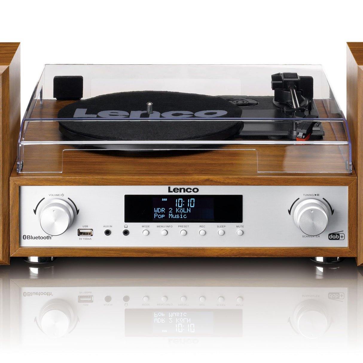 Lenco MC-160WD Equipo de música con Tocadiscos – Radio Dab+/FM, Bluetooth 5.0, conversión de Vinilo a MP3 por USB, tracción por Correa, 3 velocidades, Altavoces de Madera 2x10W, Mando a Distancia
