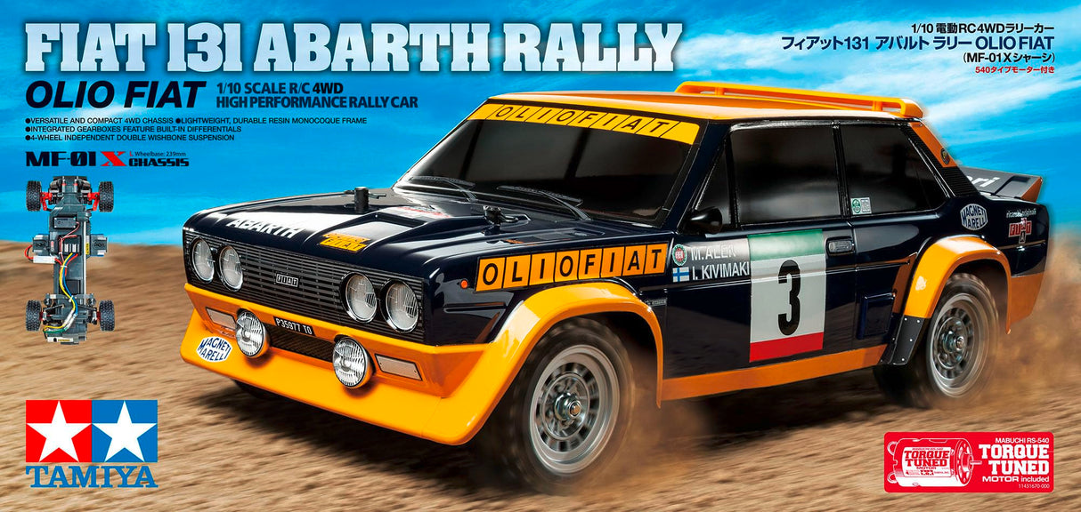 Tamiya 58723 1:10 RC FIAT 131 Abarth Olio FIAT MF-01X - Coche teledirigido, vehículo, modelismo, Montaje, Hobby, Kit RC, sin Pintar