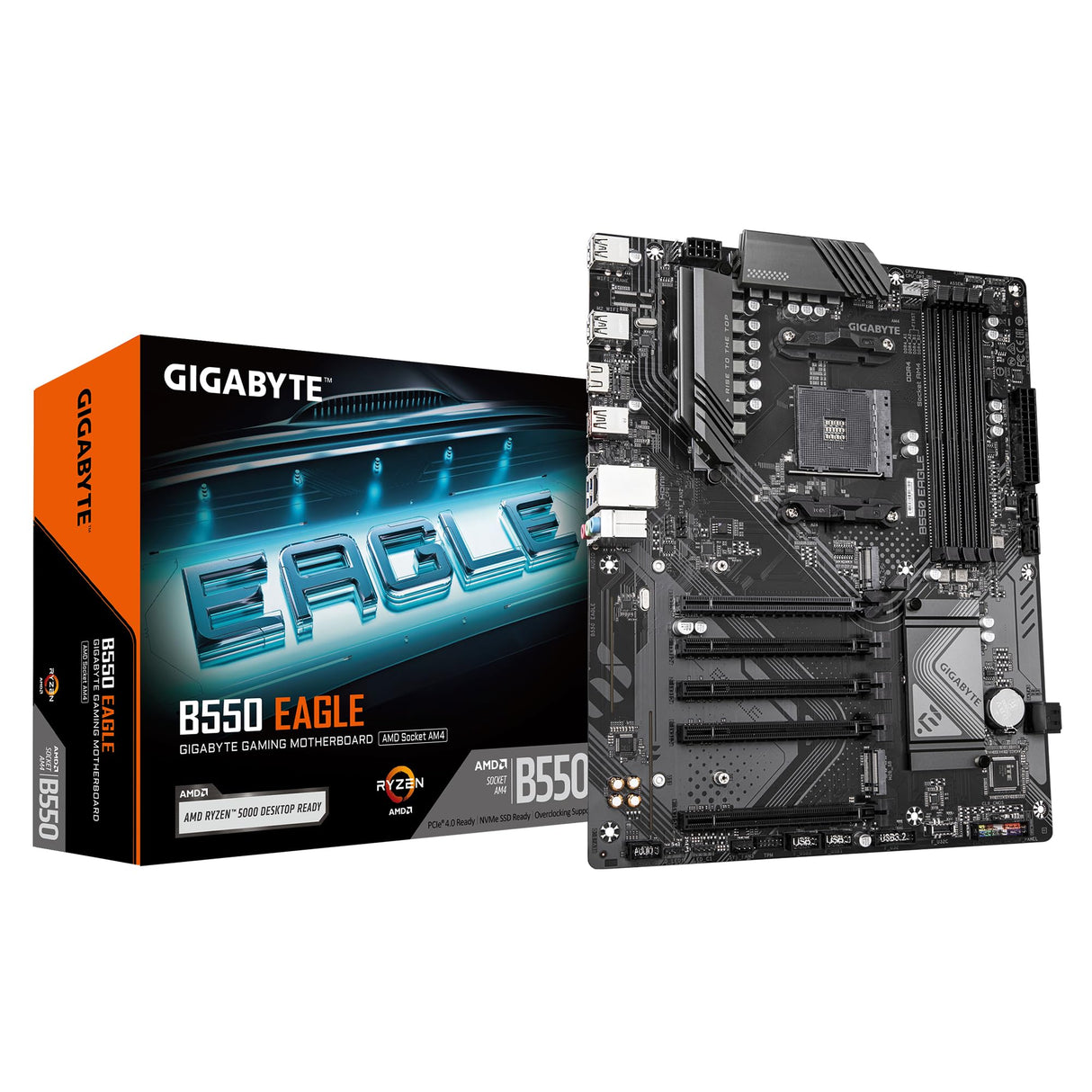 GIGABYTE B550 Eagle Placa Base - Procesadores AMD Ryzen Serie 5000 G, VRM de 10+3+1 Fases, hasta 3200 MHz DDR4, 1xPCIe 4.0 + 1xPCIe 3.0 M.2, LAN 1GbE, USB 3.2 Gen 2