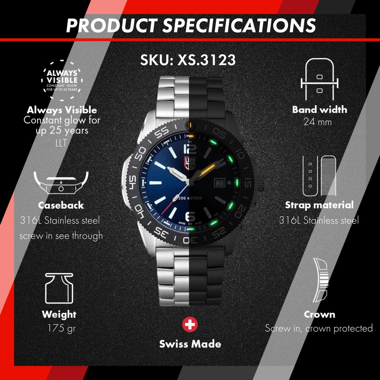 Luminox Pacific Diver XS.3123 Reloj de Hombre 44mm - Reloj de Buceo en Plata/Azul con Pantalla de Fecha 200m de Resistencia al Agua Cristal de Zafiro