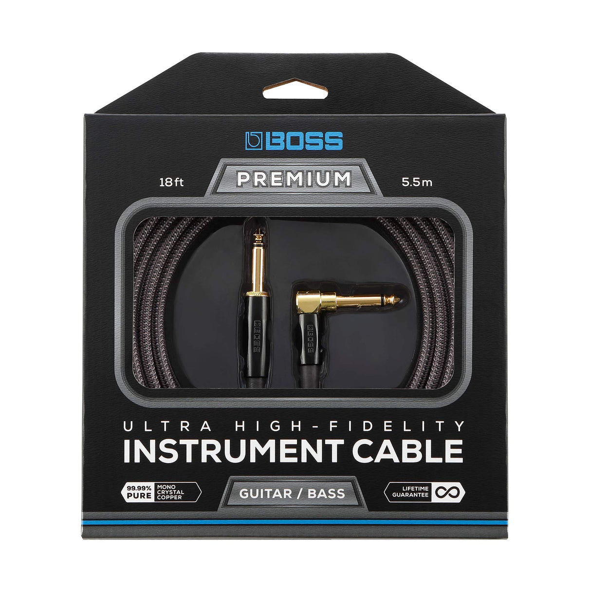 BOSS BIC-P18A Cable de instrumento con conectores de 1/4 de pulgada de recto a ángulo recto, 18ft / 5.5m