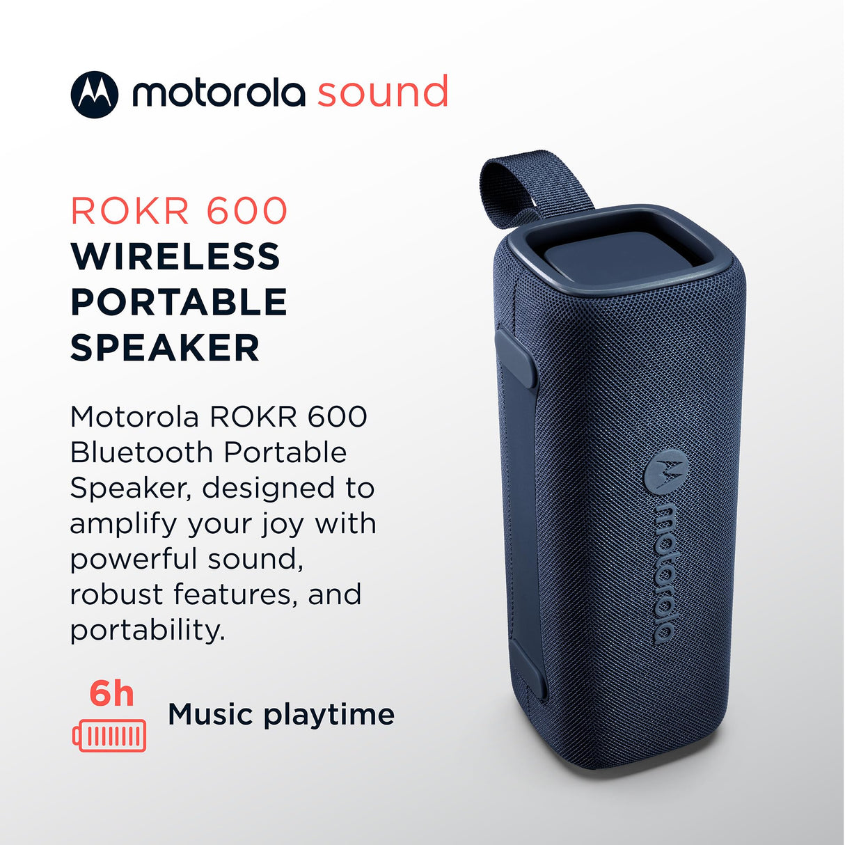 Motorola Sound - Altavoz Inalámbrico Bluetooth ROKR 600 - Potente Sonido de 30W, Resistente al Agua y Polvo, Función Broadcast para Conectar 20+ Altavoces, 6 Horas de Reproducción, Azul