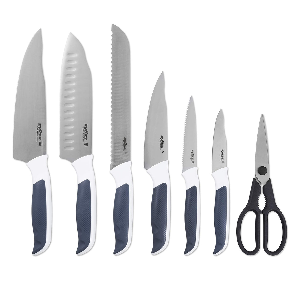 Zyliss E920263 Comfort Juego de Cuchillos de Cocina 7 Piezas, Acero Inoxidable Japonés, Mango Gris/Blanco, Set de Cuchillos Cocina con Portacuchillos, Apto Para Lavavajillas